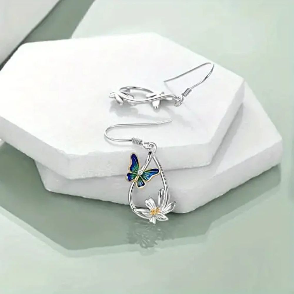 New - Teardrop Shape Butterfly and Flower Hook Dangle Earrings - Picture 2 of 8